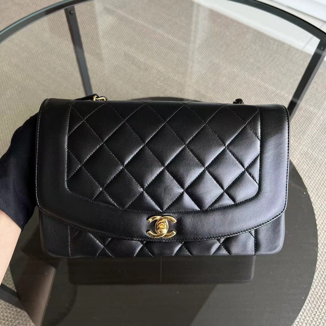 Diana Medium Quilted Lambskin Black Golden Hardware Series 3