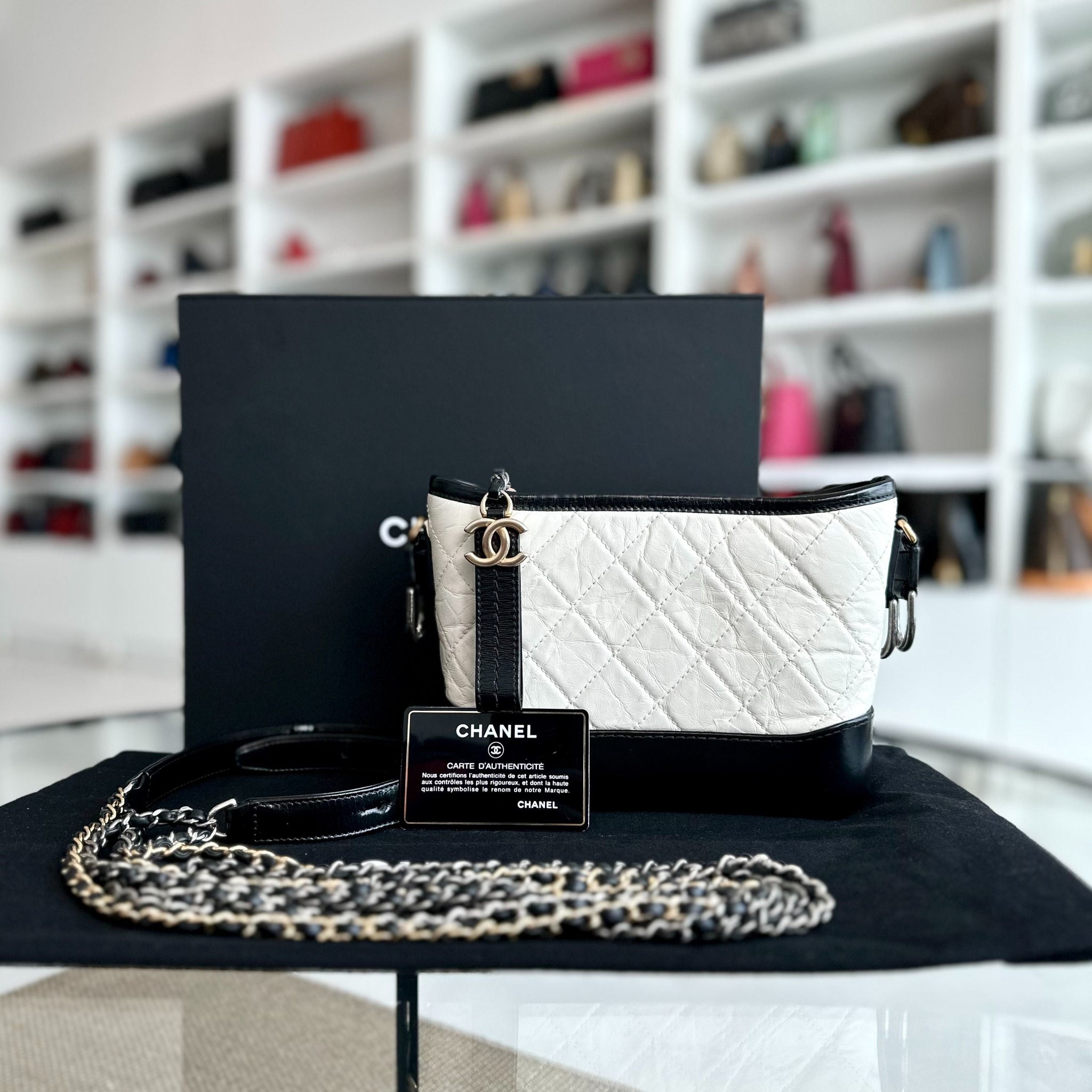 Gabrielle Small Hobo Quilted Aged Calfskin White Black No 26