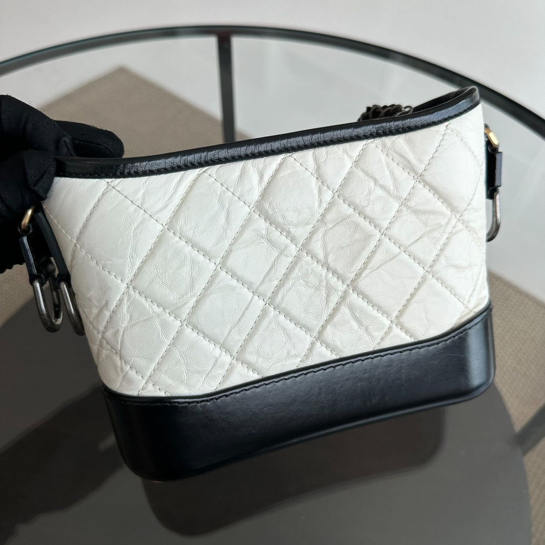 Gabrielle Small Hobo Quilted Aged Calfskin White Black No 26