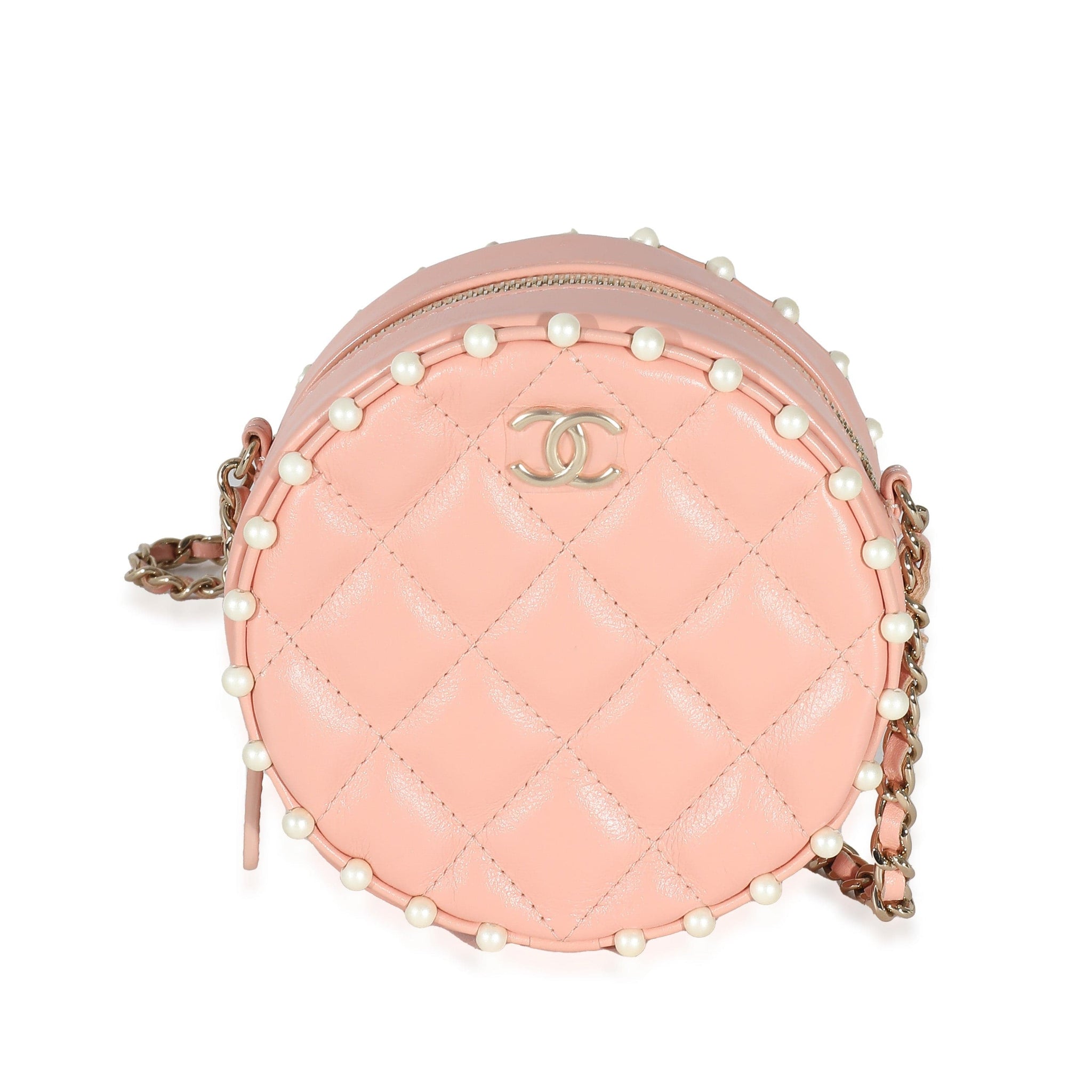 Chanel Pink Quilted Calfskin Pearl Round Clutch With Chain