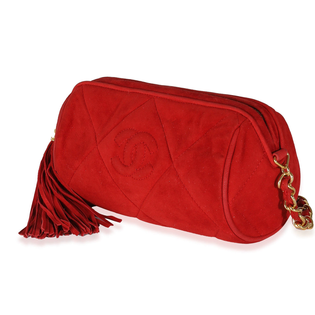 Chanel Vintage Red Suede Diamond Stitch Tassel Barrel Clutch