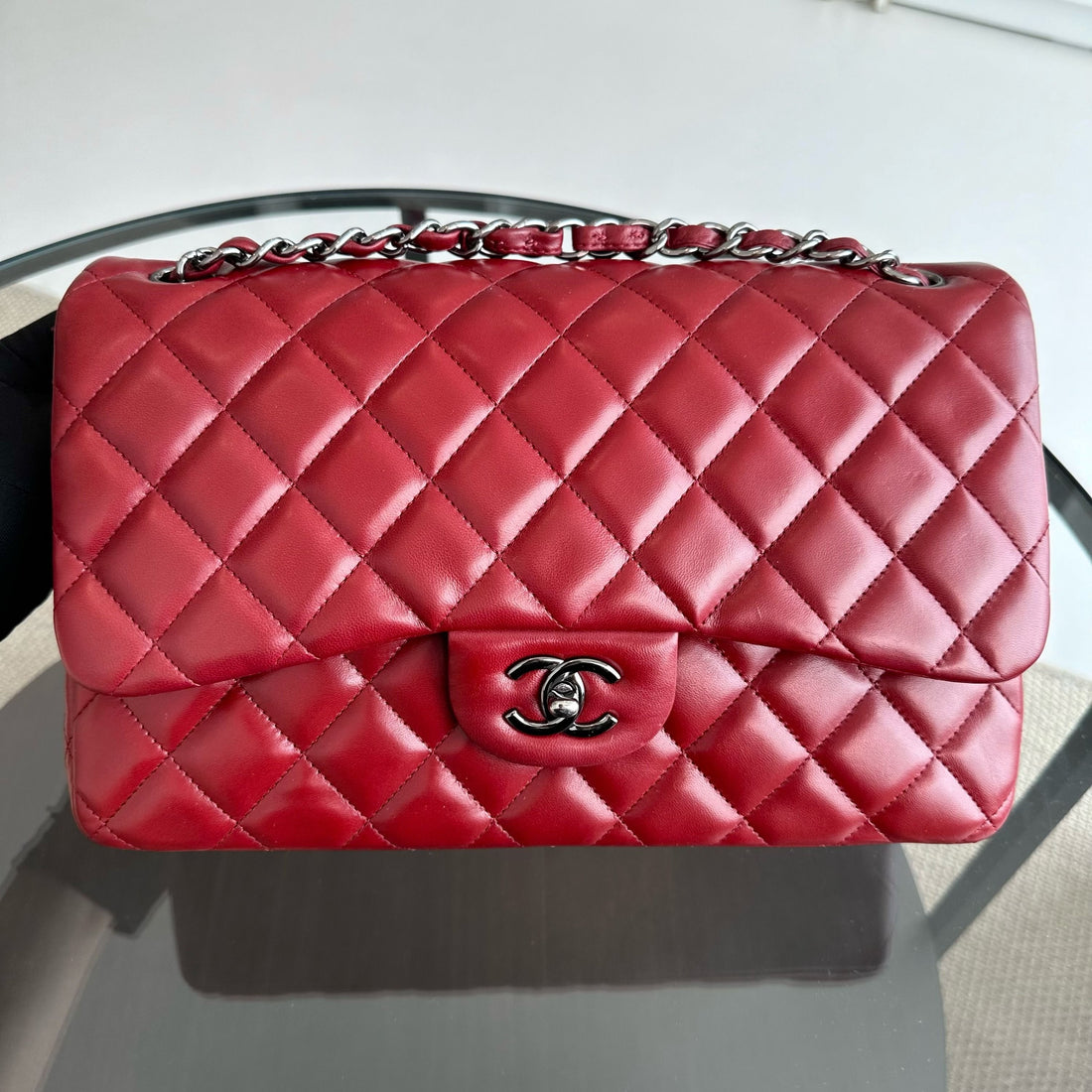 Jumbo Double Flap Lambskin Classic Flap Burgundy SHW No 15