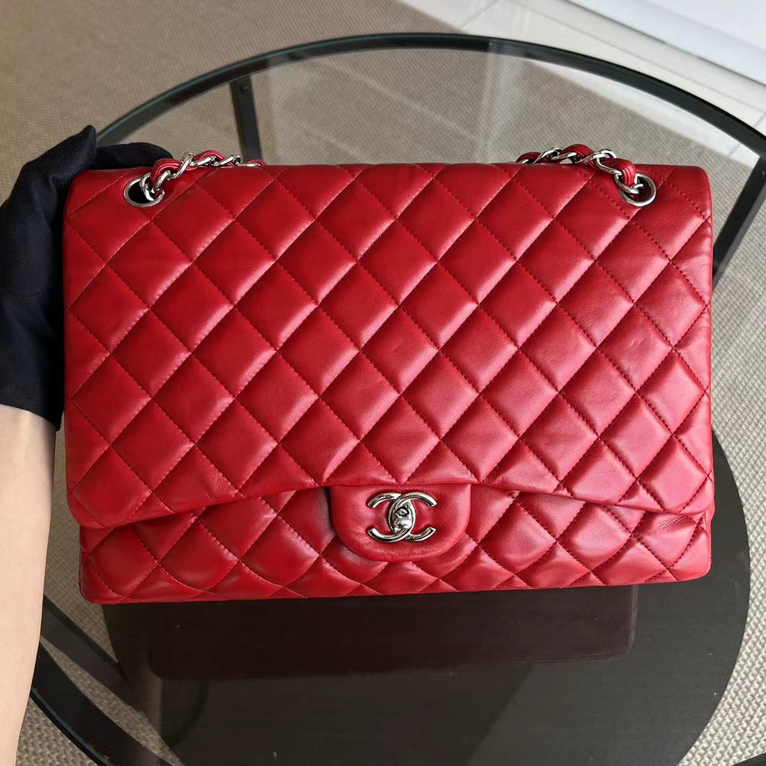 Maxi Classic Flap Quilted Lambskin Red Silver Hardware Series 13
