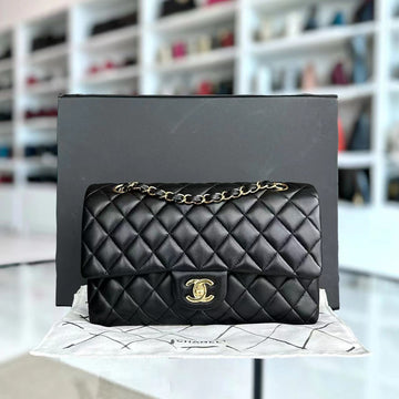 Double Flap 25CM Quilted Lambskin Black Golden Hardware Series 23