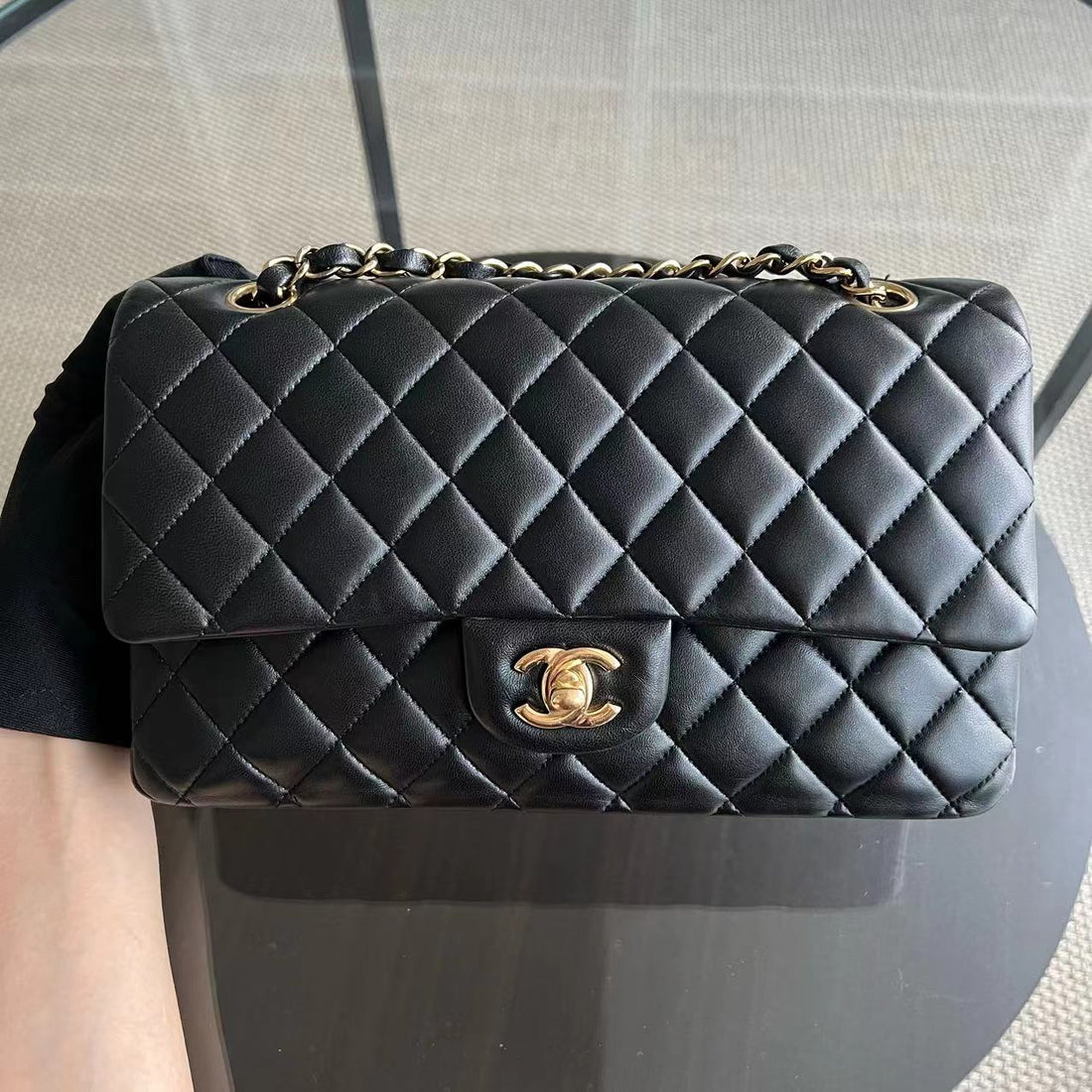Double Flap 25CM Quilted Lambskin Black Golden Hardware Series 23
