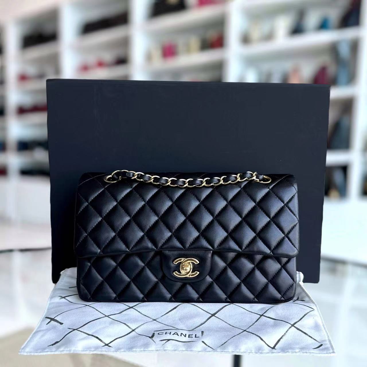 Double Flap Quilted Lambskin Black Golden Hardware Series 19