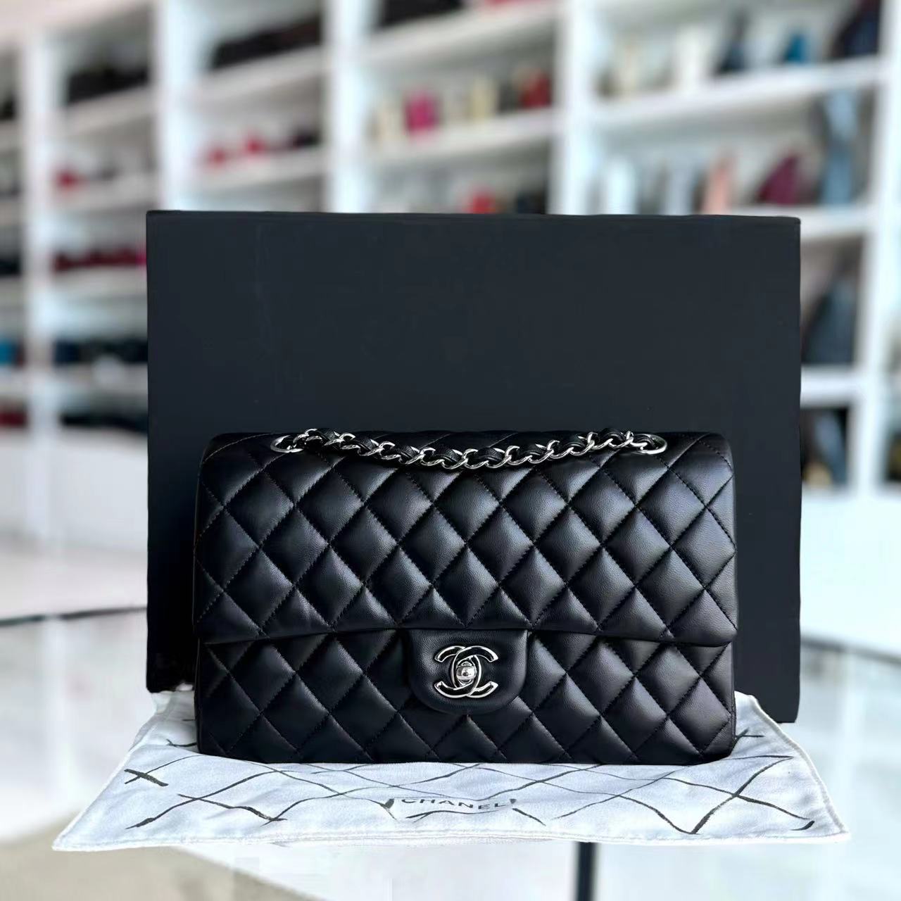 Double Flap Quilted Lambskin Black Silver Hardware Series 23
