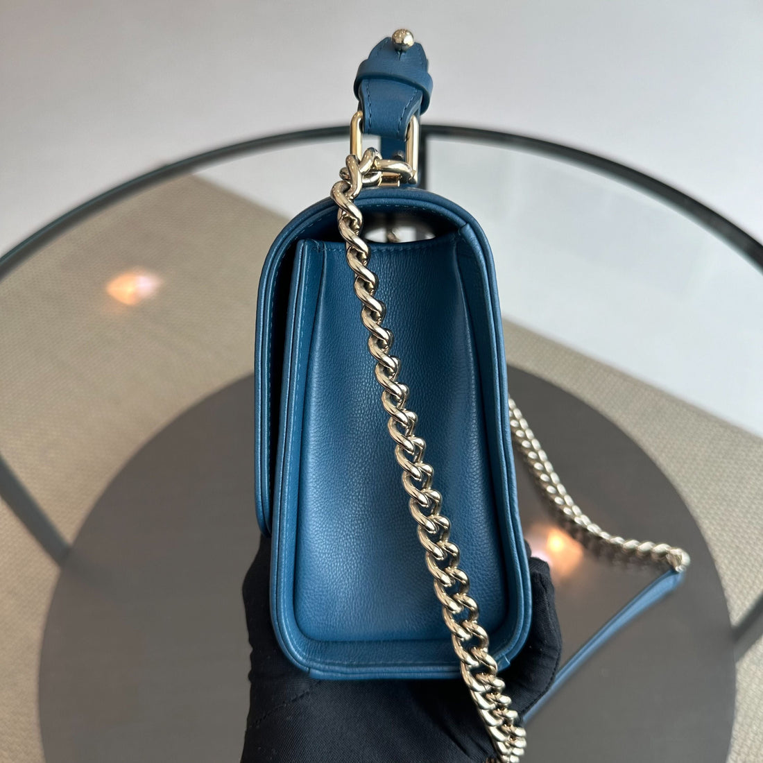 Medium Label Click Flap Quilted Grained Calfskin Dark Blue GHW No 23