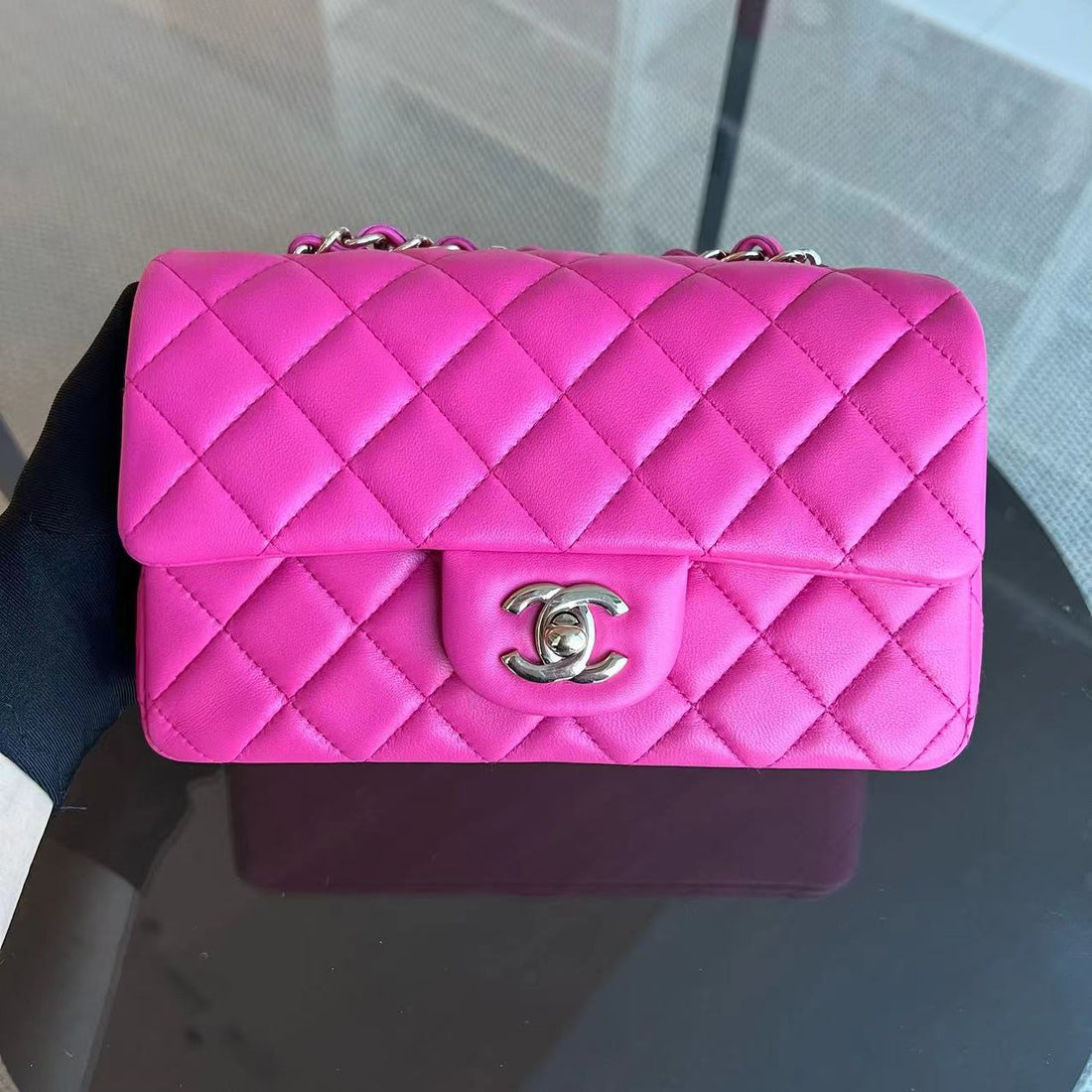 Mini Rectangular Classic Flap 20CM Quilted Lambskin Hot Pink Light Golden Hardware Series 21