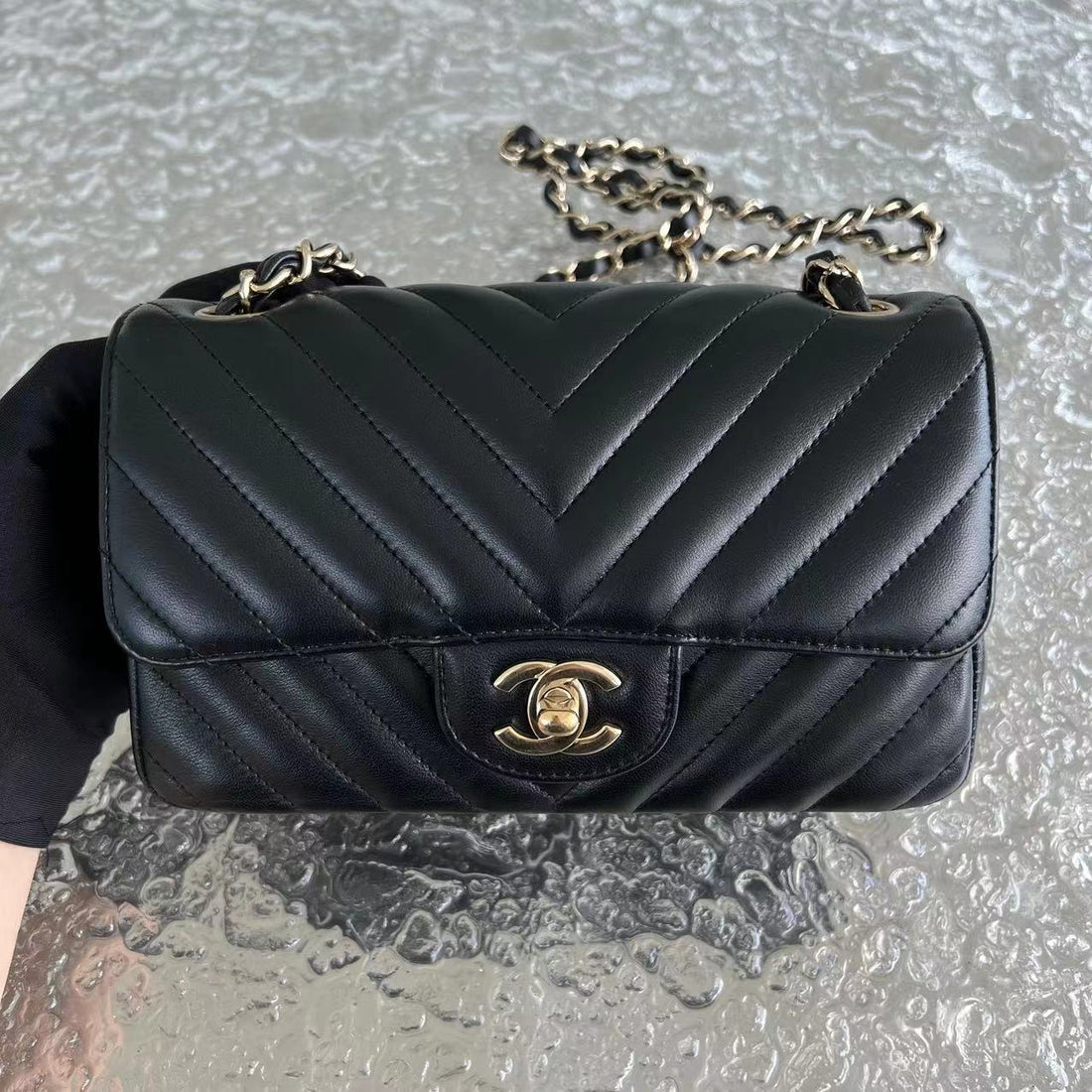 Mini Rectangular Classic Flap Double Flap 20CM Chevron Lambskin Black Golden Hardware Series 27