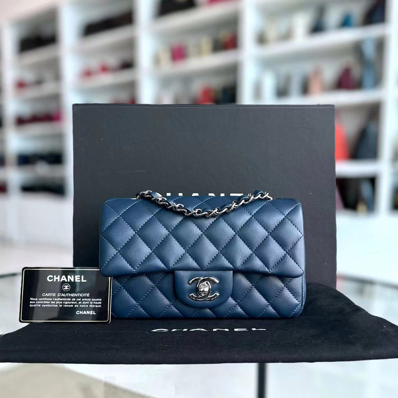 Mini Rectangular Classic Flap Quilted Lambskin Dark Blue Silver Hardware Series 25