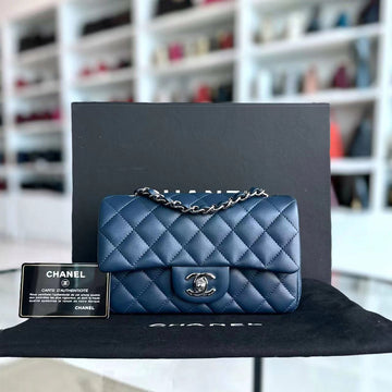 Mini Rectangular Classic Flap Quilted Lambskin Dark Blue Silver Hardware Series 25