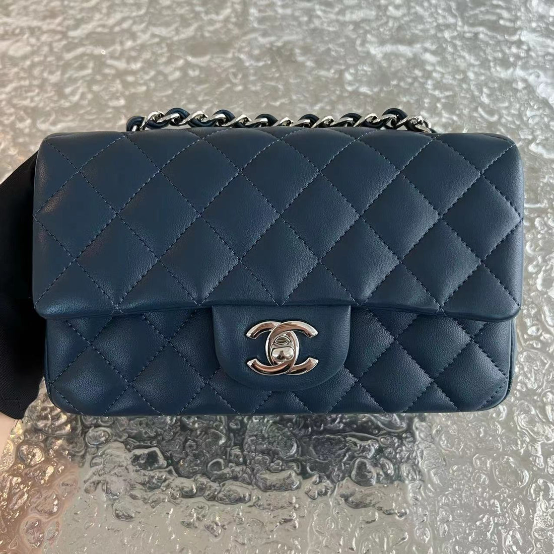 Mini Rectangular Classic Flap Quilted Lambskin Dark Blue Silver Hardware Series 25