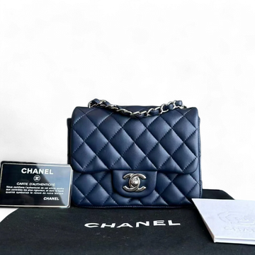 Chanel Mini Square Classic Flap Quilted Lambskin Dark Navy Blue Silver Hardware Series 22