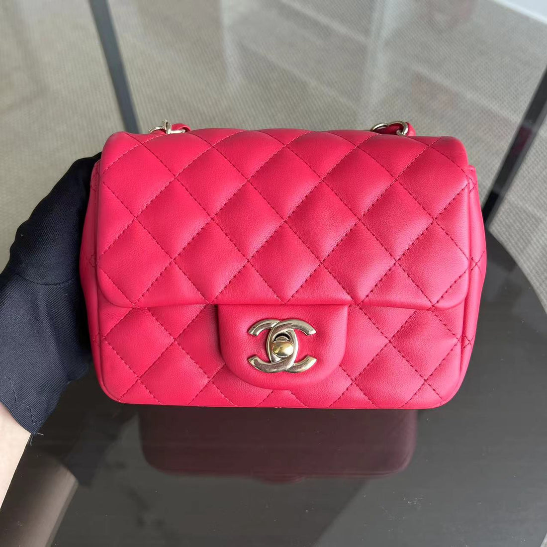 Mini Square Classic Flap Quilted Lambskin Hot Pink Golden Hardware Series 21