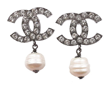 Top Quality Chanel Gunmetal CC Crystal Faux Baroque Pearl Dangle Piercing Earrings