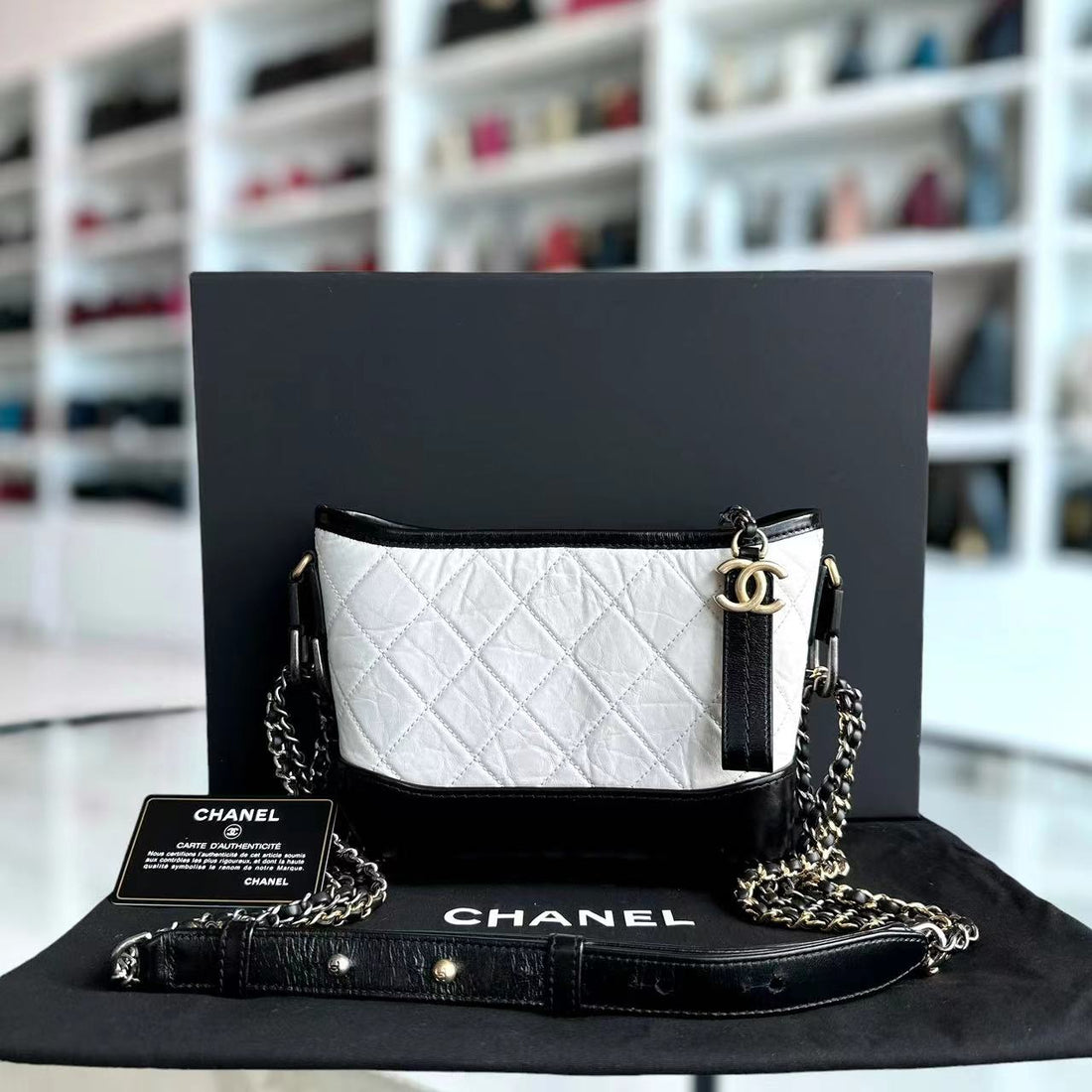 Chanel Small Gabrielle Hobo Quilted Calfskin Black White Two-tone Hardware