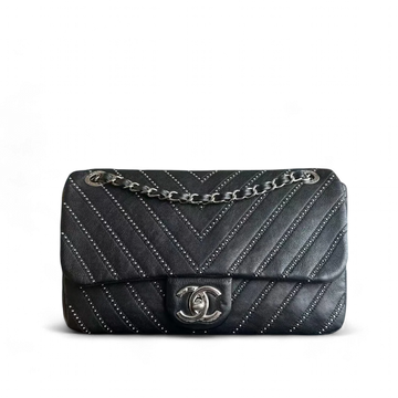 Chanel Seasonal Flap - Studded 25CM Chevron Calfskin Black Silver Hardware Series 24