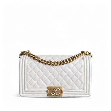Chanel Boy Medium - Calfskin 25CM Quilted Cream White Aged Gold Hardware Series 20