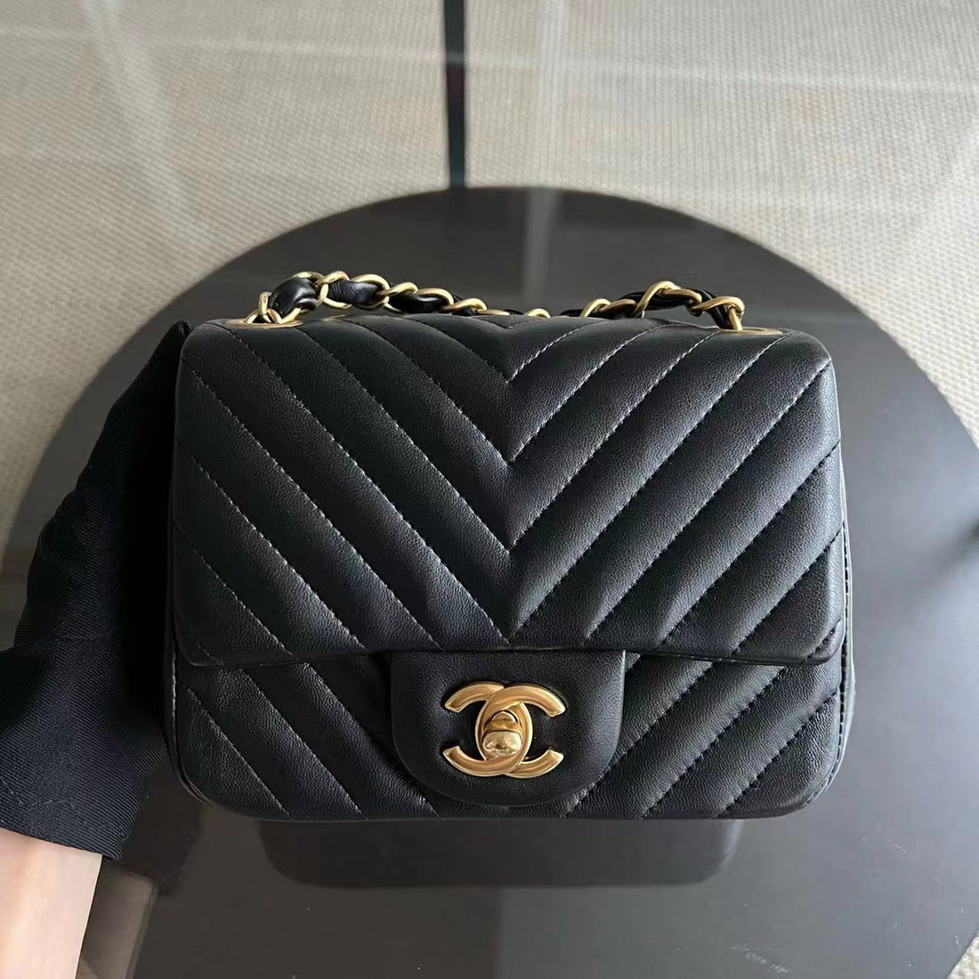 Mini Square Classic Flap Chevron Black Golden Hardware Series 21