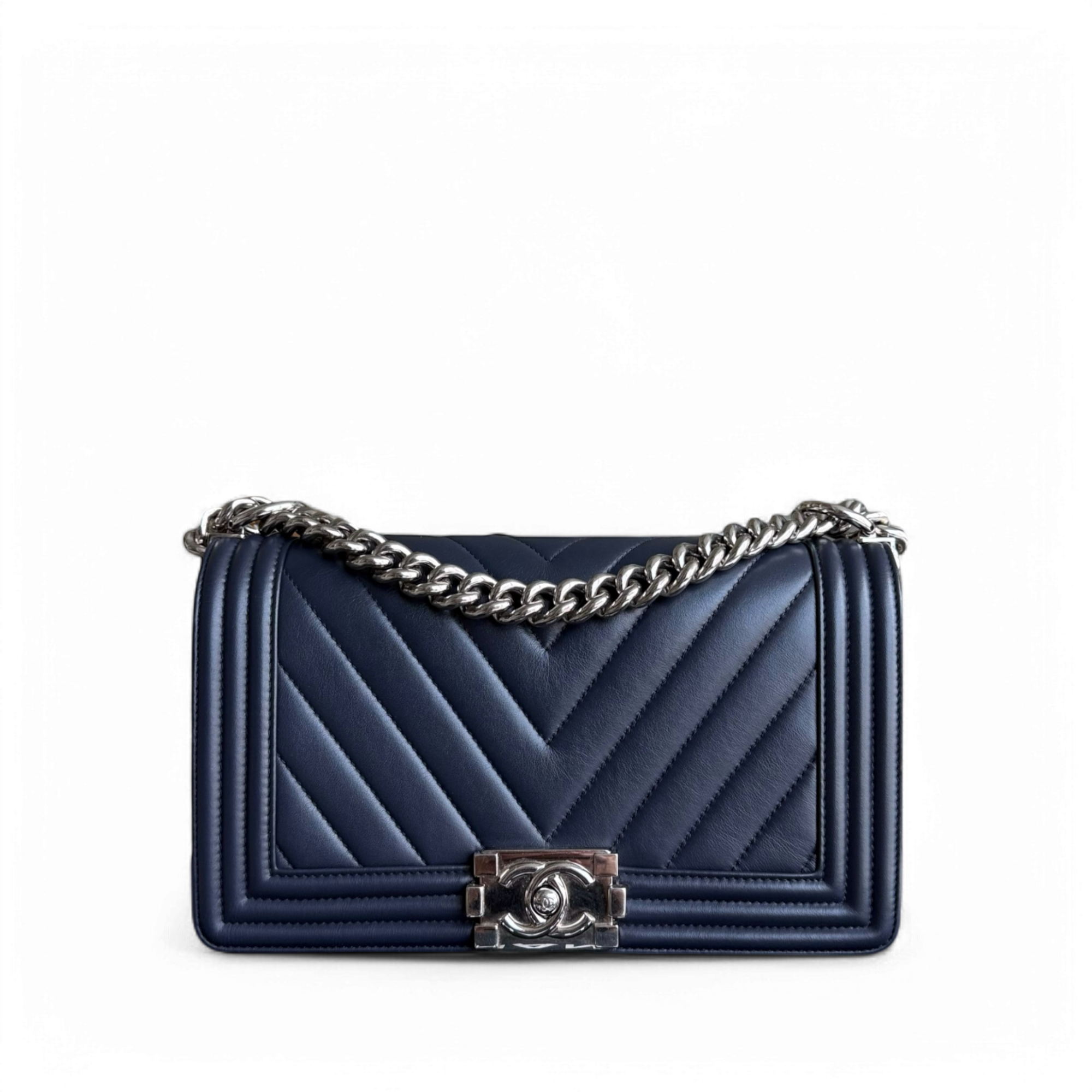 Chanel Boy Medium - 25CM Quilted Calfskin Dark Blue Silver Hardware Series 22