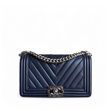 Chanel Boy Medium - 25CM Quilted Calfskin Dark Blue Silver Hardware Series 22