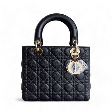 *No Strap* Dior Lady Flap Medium - Grained Calfskin Cannage Flap Open Black Gold Hardware