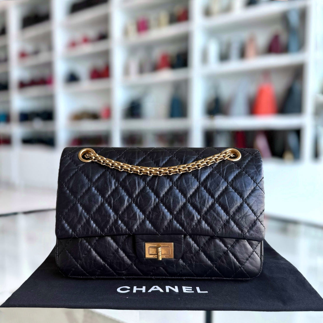 Chanel Reissue 2.55 Medium 225 - 24CM Quilted Aged Calfskin Black Gold Hardware Series 12