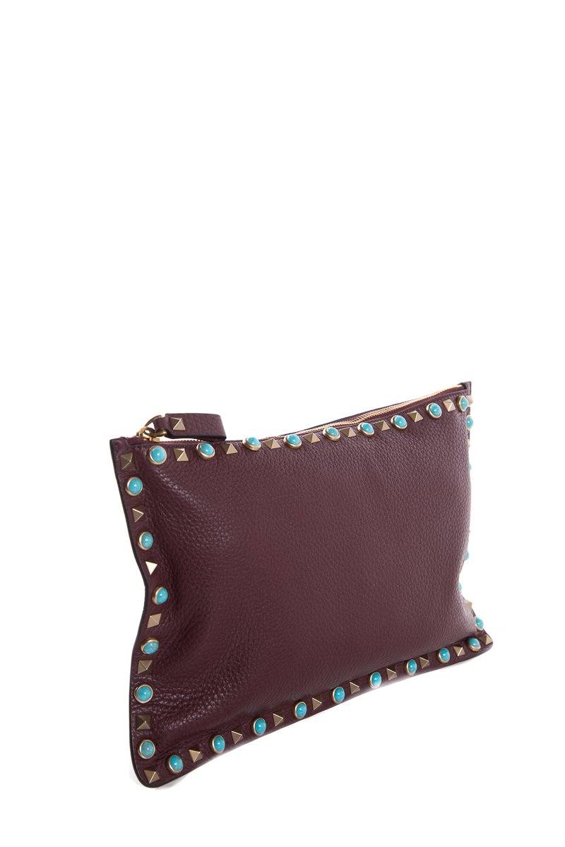 Valentino Plum Leather Rockstud Turquoise Accent Clutch