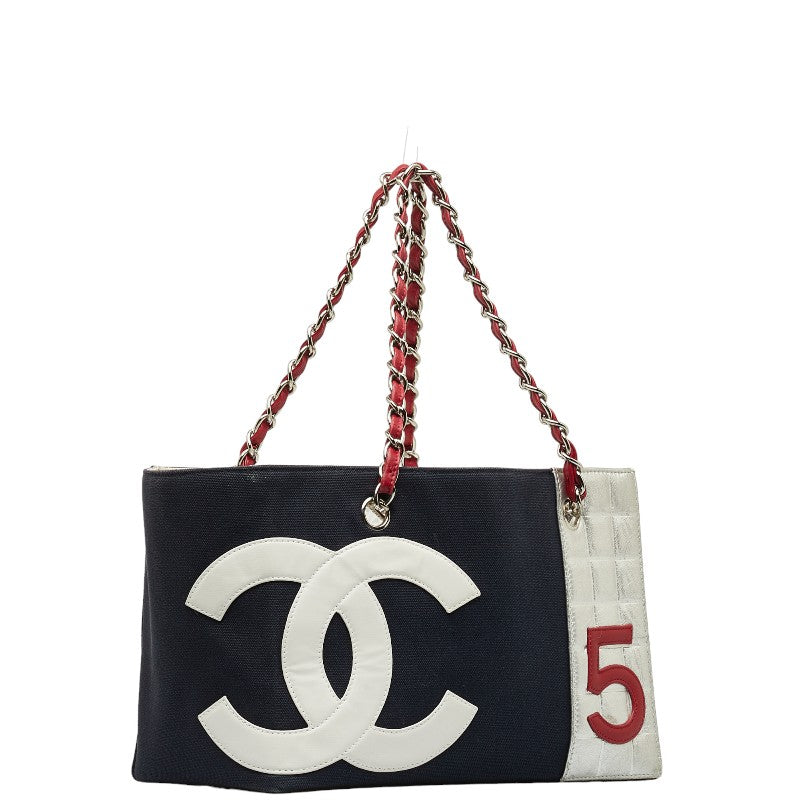 Chanel None. 5 No. 5 Coco Chain Tote Bag Navy Red Silver Canvas Leather  Chanel