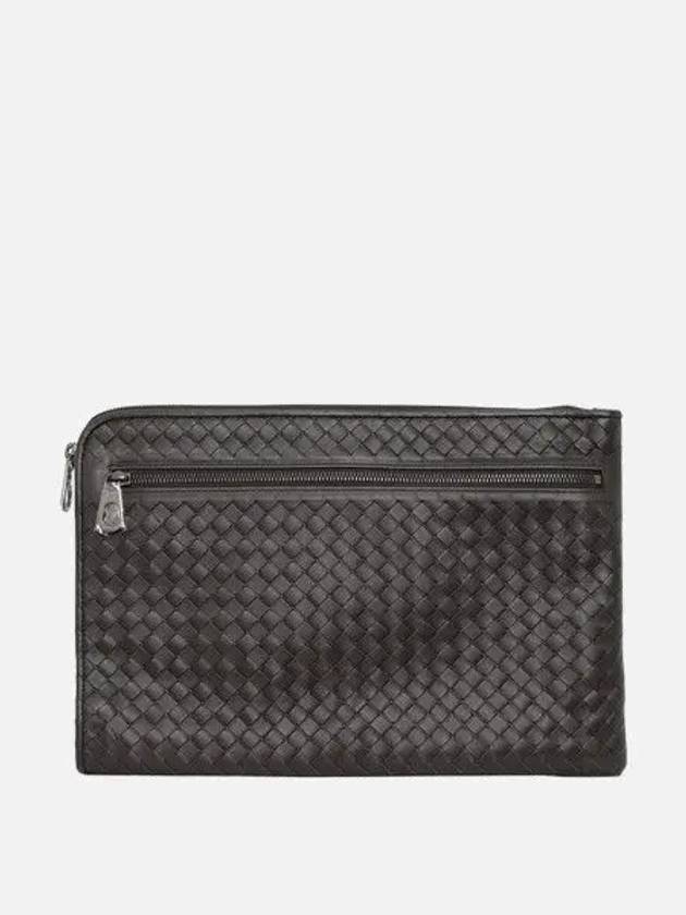 Bottega Veneta Intrecciato Weaving Zipper Clutch Bag Black Brown