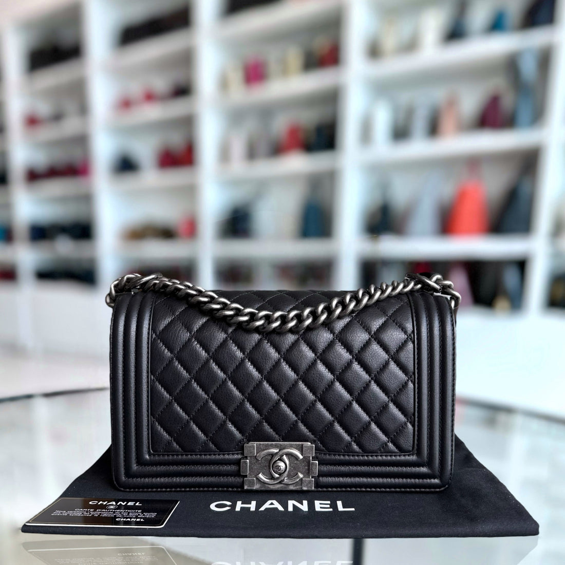 Chanel Boy Medium - 25CM Quilted Calfskin Black Ruthenium Silver Hardware Series 19