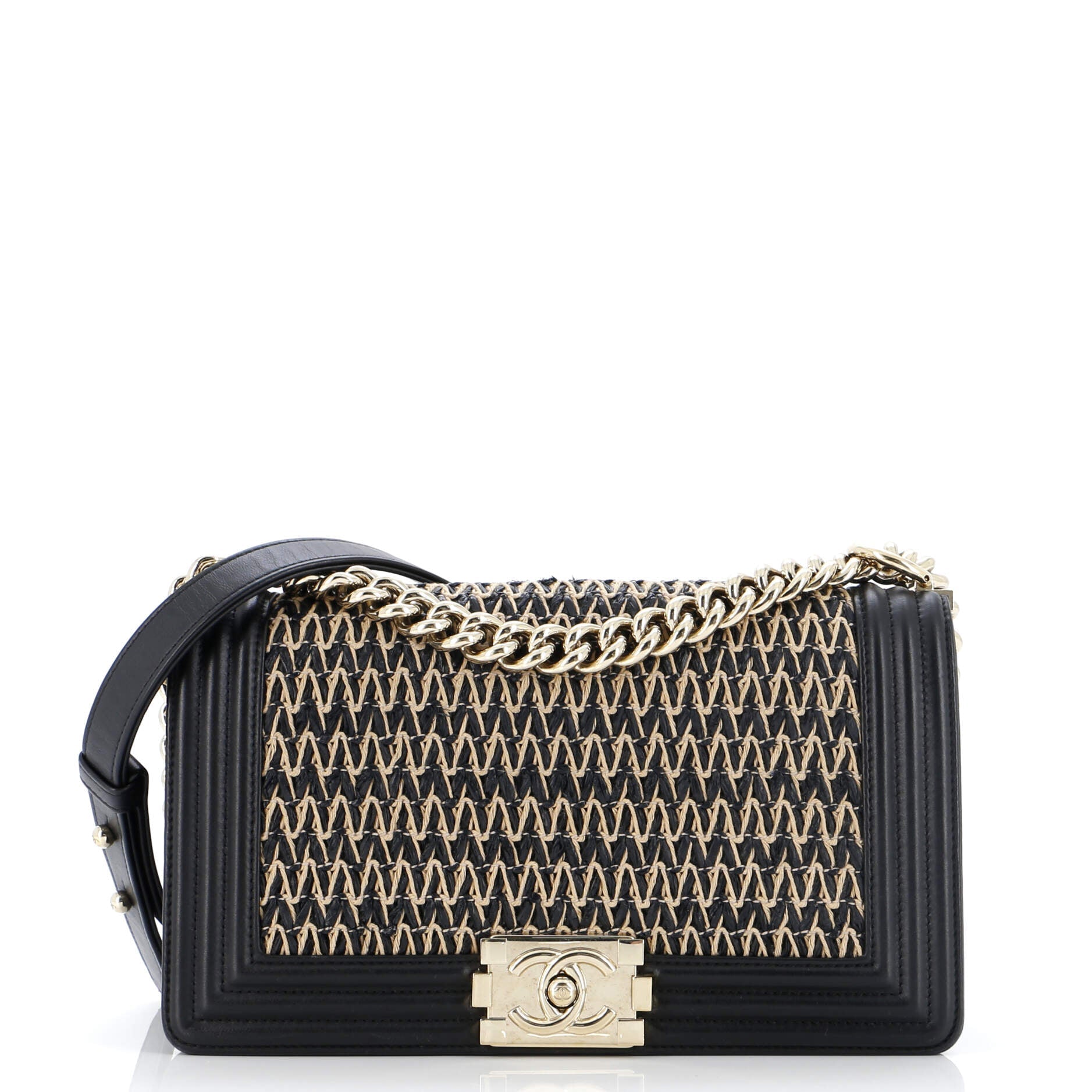 CHANEL Boy Flap Bag Chevron Woven Raffia and Leather Old Medium