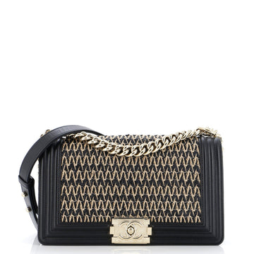 CHANEL Boy Flap Bag Chevron Woven Raffia and Leather Old Medium