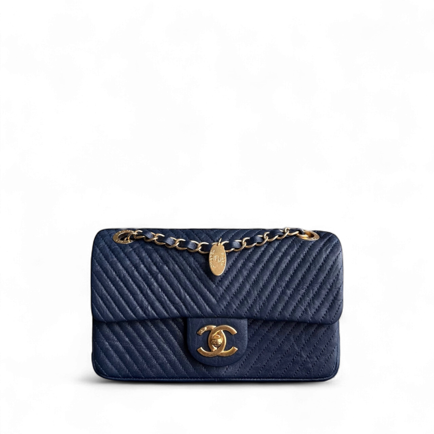 Chanel Seasonal Flap Small - 23CM Surpique CC Herringbone Medallion Flap Chevron Dark Navy Blue Gold Hardware Series 21