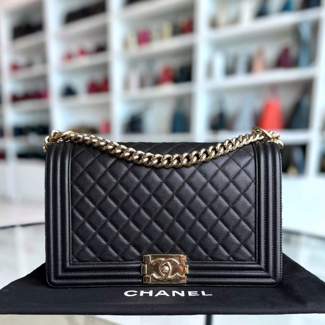 Chanel Boy New Medium - Caviar 28CM Quilted Black Gold Hardware Series 23