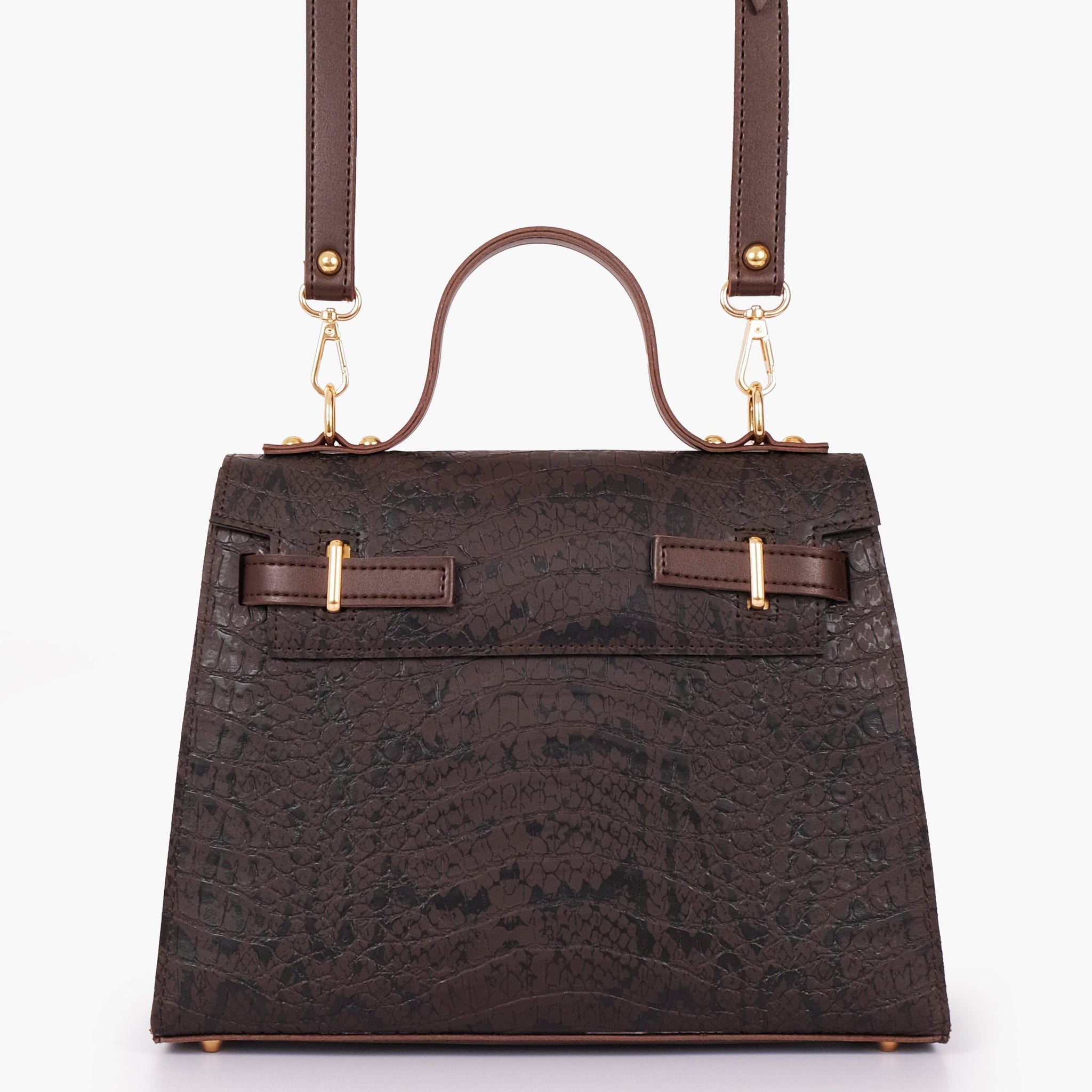 Dark brown crocodile cross-body bag with top-handle