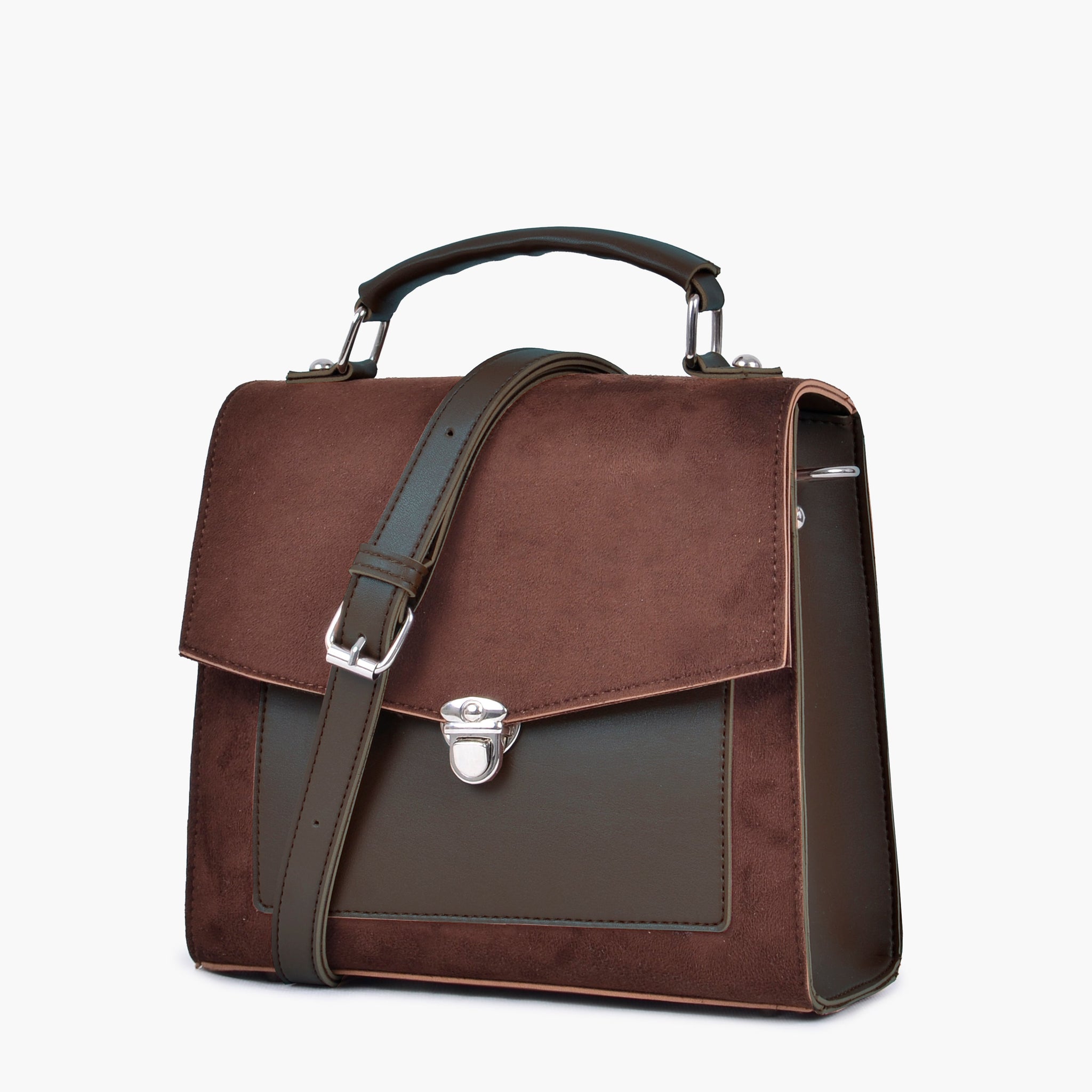 Dark brown suede push-lock messenger bag