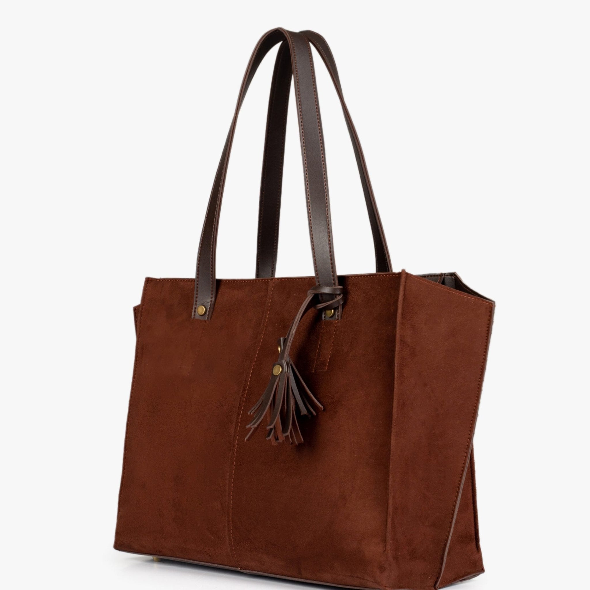 Dark brown suede over the shoulder Tote Bags