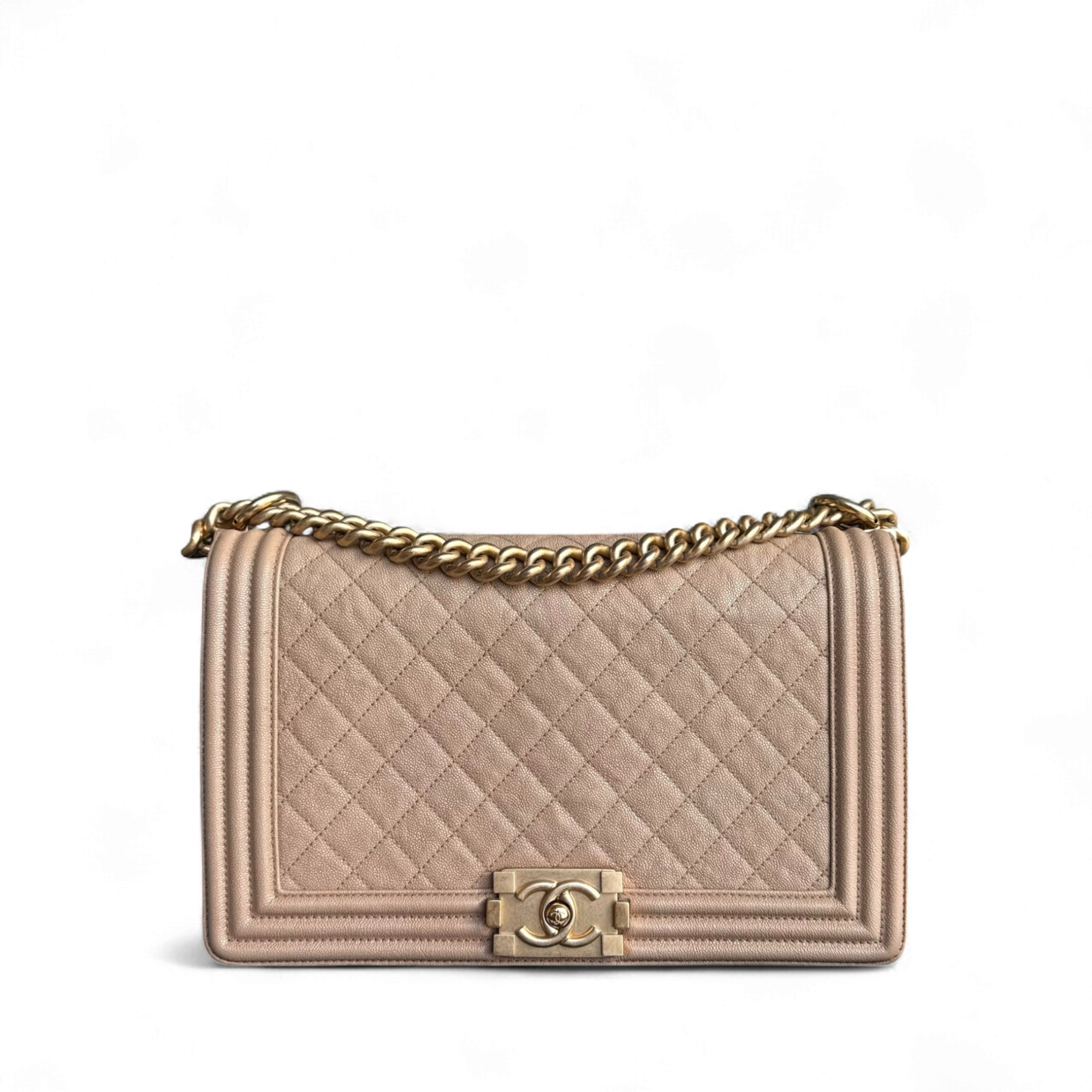 Chanel Boy New Medium - Caviar 28CM Quilted Beige Grained Calfskin Gold Hardware Series 28