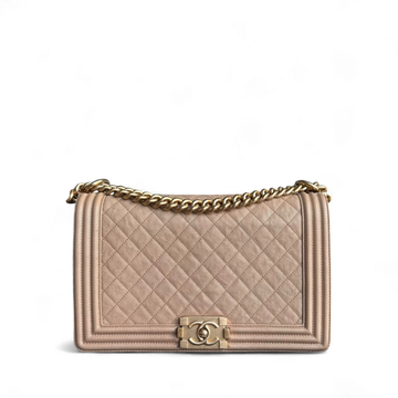 Chanel Boy New Medium - Caviar 28CM Quilted Beige Grained Calfskin Gold Hardware Series 28