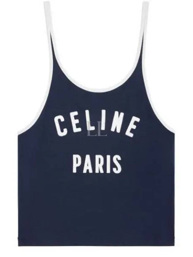 CELINE Satin Patch Cotton Jersey Sleeveless Navy
