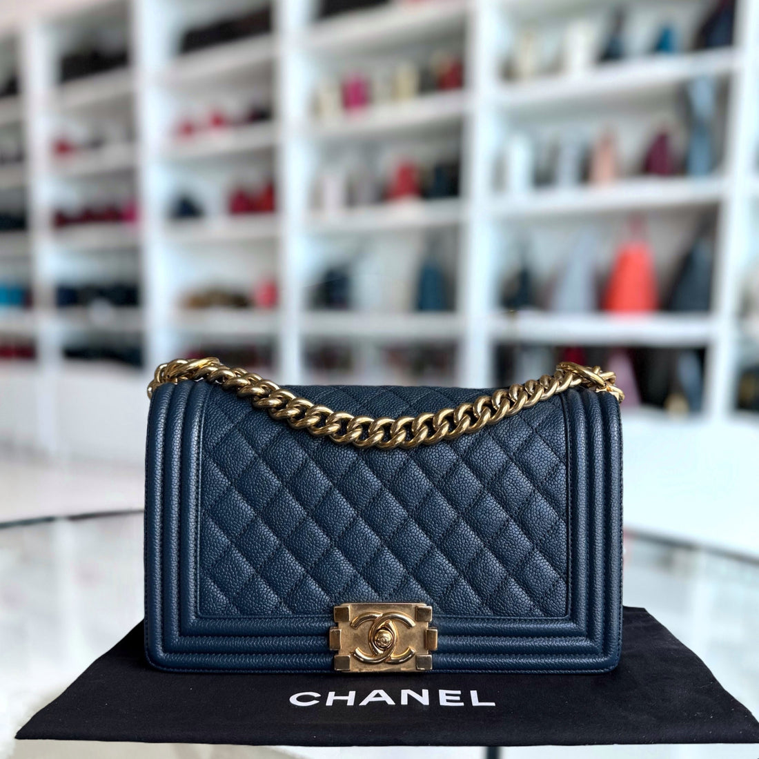 Chanel Boy Medium - Caviar 25CM Quilted Grained Calfskin Blue Gold Hardware Series 23