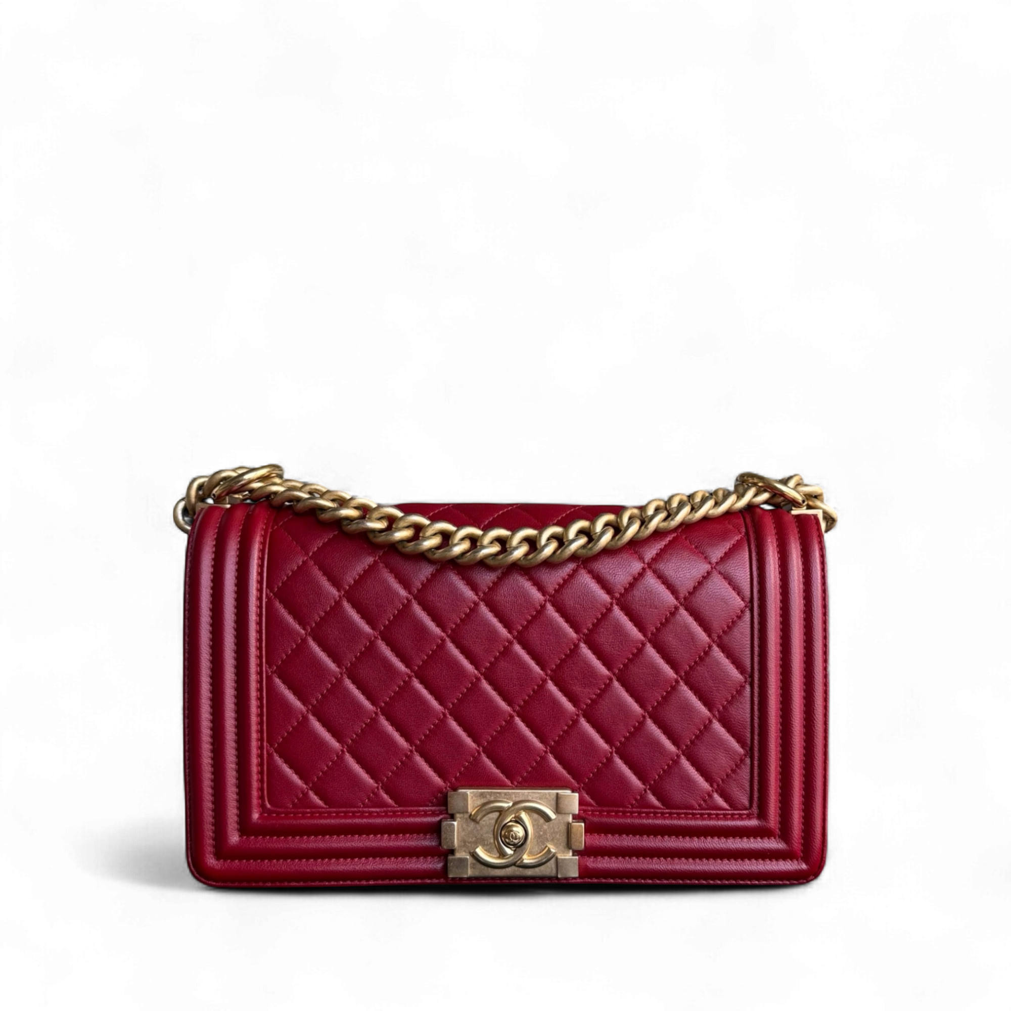 Chanel Boy Medium - 25CM Quilted Lambskin Red Gold Hardware Series 24