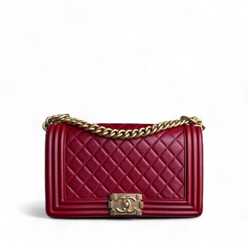 Chanel Boy Medium - 25CM Quilted Lambskin Red Gold Hardware Series 24