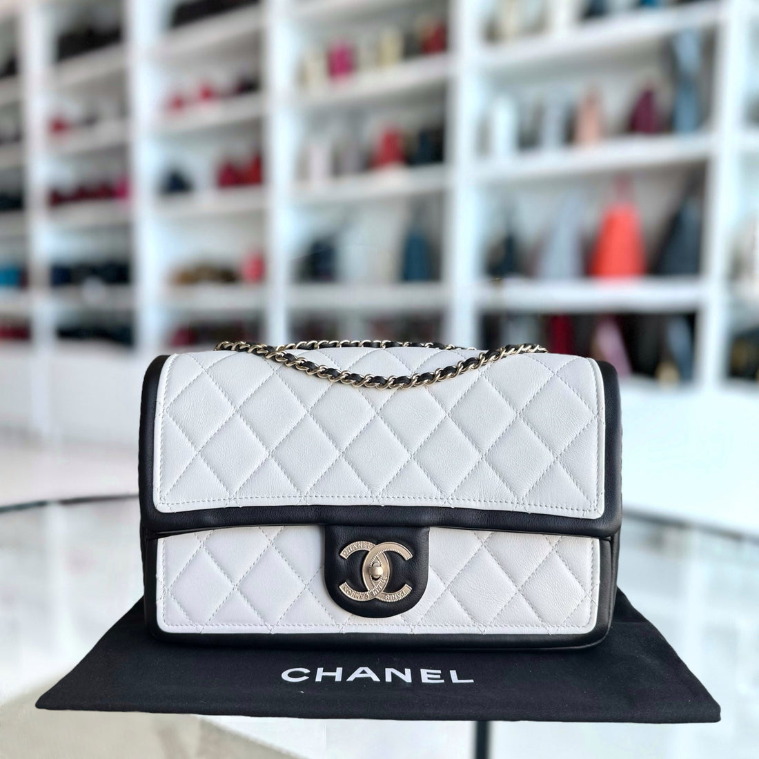 Chanel Seasonal Flap - 25CM Quilted Lambskin Bi-Color White Black Gold Hardware Series 20