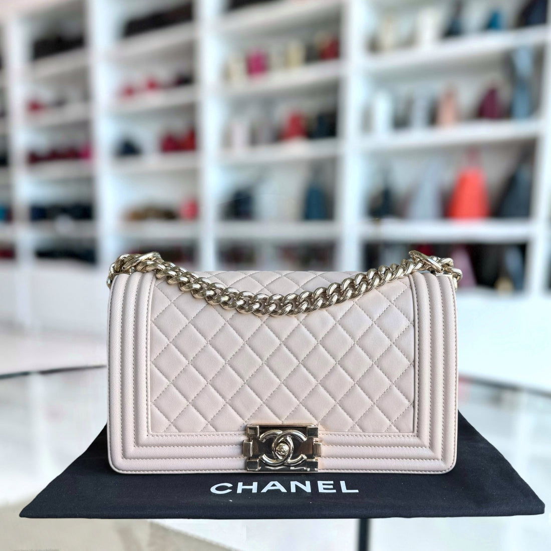 Chanel Boy Medium - 25CM Quilted Lambskin Light Nude Pink Gold Hardware Series 23