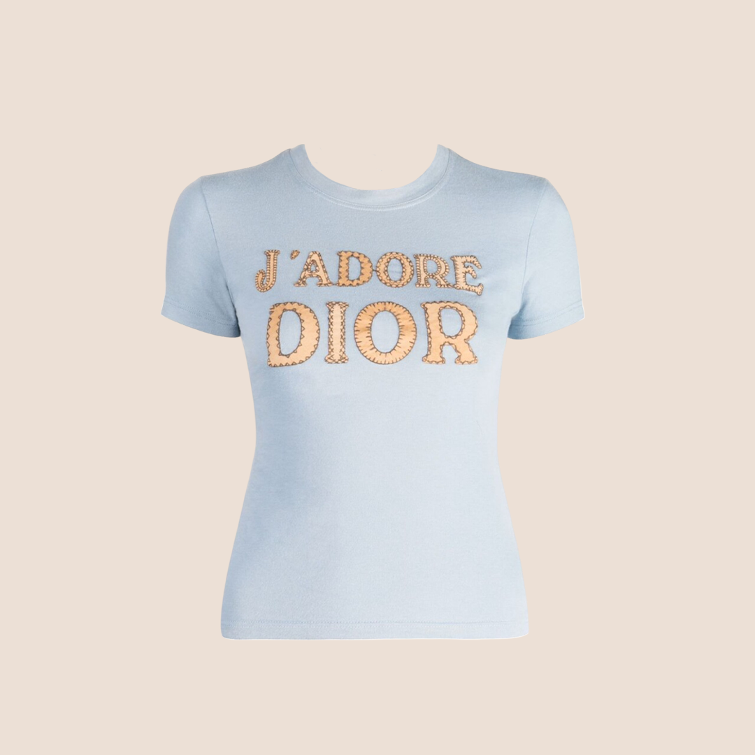 CHRISTIAN DIOR BLUE "J'ADORE DIOR" PATCH LOGO T-SHIRT