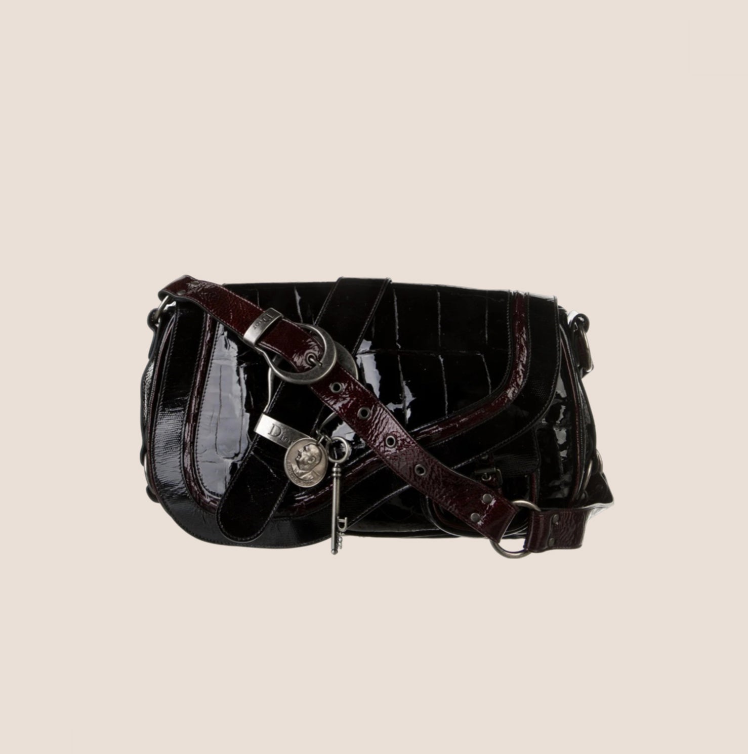 CHRISTIAN DIOR CROC EMBOSSED BLACK LEATHER PATENT GAUCHO BAG