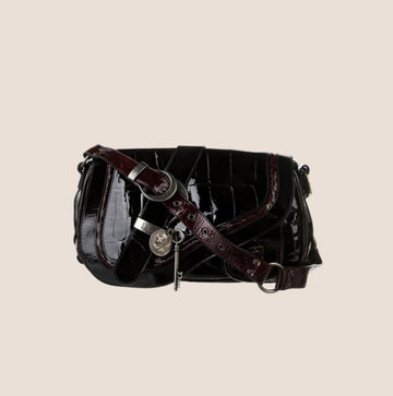 CHRISTIAN DIOR CROC EMBOSSED BLACK LEATHER PATENT GAUCHO BAG